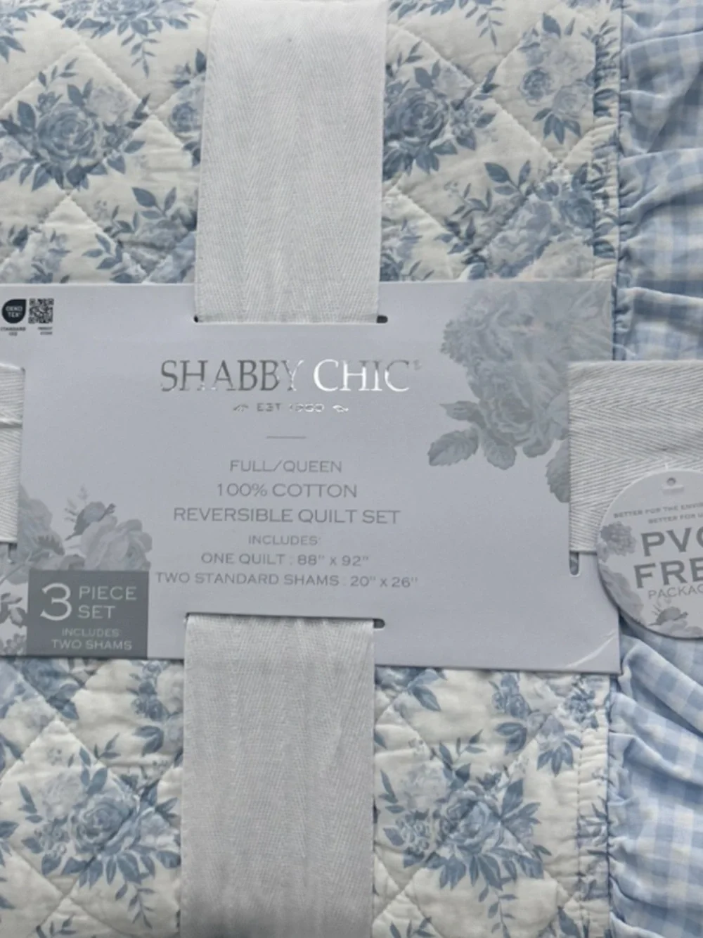 Shabby Chic Blue & White Reversible Floral Queen Cotton Quilt Set 88”x92”